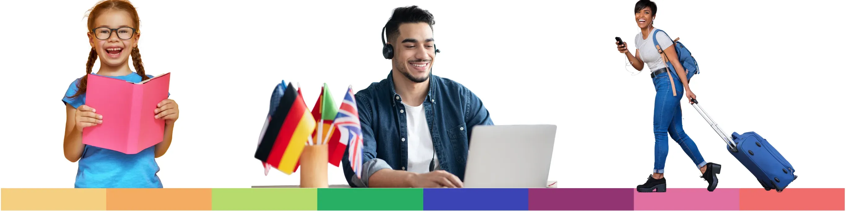 Alumnos de International House Valladolid: niña leyendo, estudiante online y viajera
